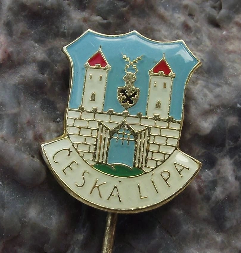Vintage Česká Lípa Stag Horn Knight Helmet City Walls Heraldic Crest Pin Badge