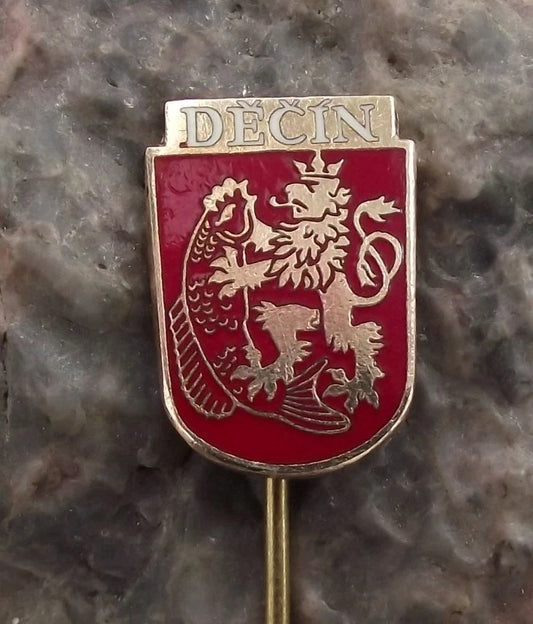 Vintage Děčín Czech Heraldic Crest Official Coat of Arms Pin Badge