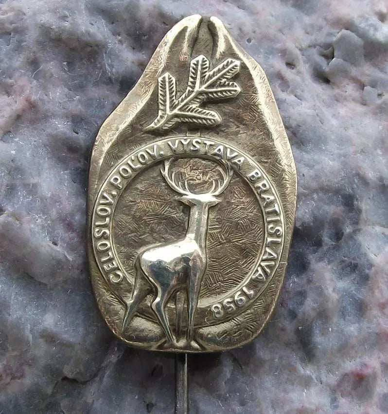 1958 Slovakia All State Hunting Exhibition Bratislava Deer Stag Pin Badge