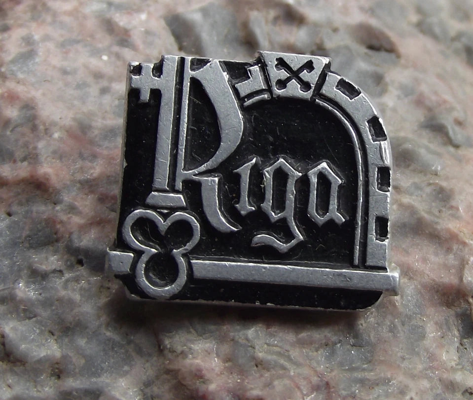 Vintage Riga Latvia Lutheran Key Emblem Motif Soviet Union Souvenir Pin Badge