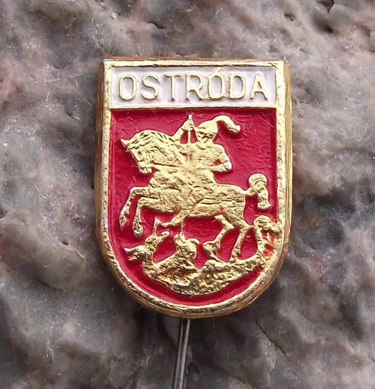 Vintage Ostroda Polish City Poland Heraldic Knight Coat of Arms Pin Badge