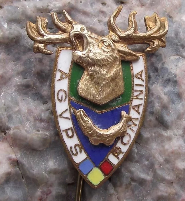 Vintage AGVPS Romania Hunting Association Roaring Stag Fish Members Pin Badge